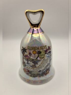 Florida Keys Florida Lusterware Souvenir  Bell w/ Gold Tone Heart Handle